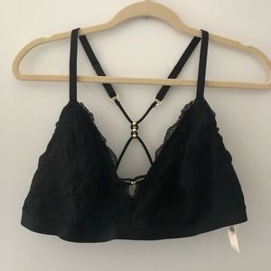 NWT Black Aerie Lace Strappy Triangle Bralette w Gold Details XXL